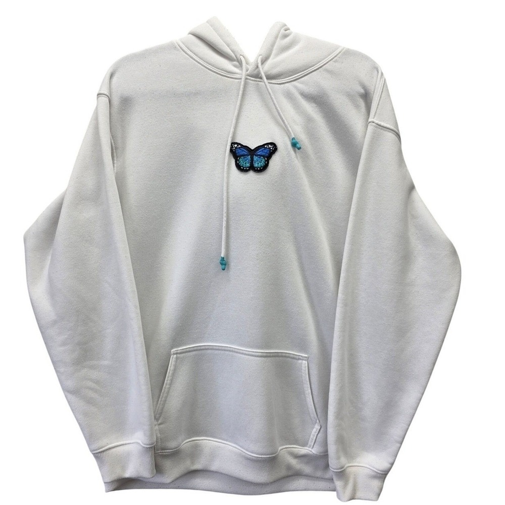 Vivre La Vie Womens White Butterfly Patch Hoodie Sweatshirt Size Large Blue Bead